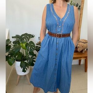 Northern Reflections denim V neck dress with pockets and floral embroidery